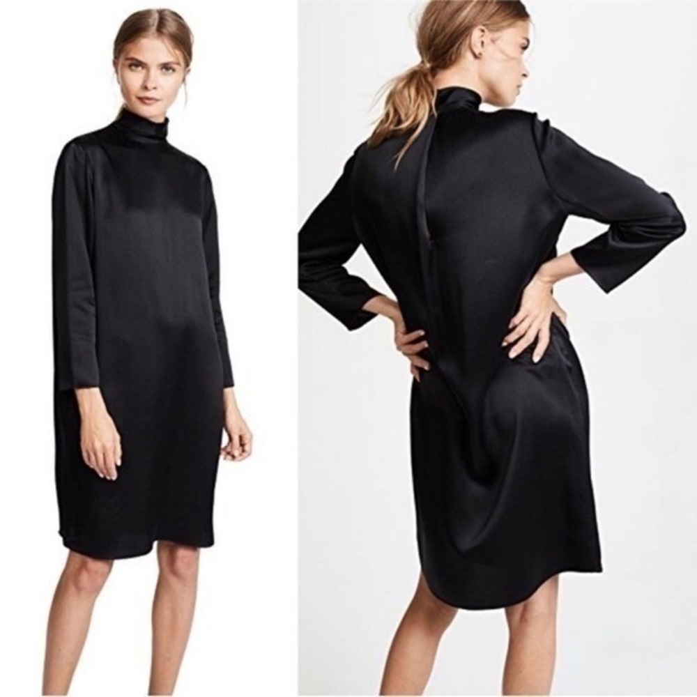 Vince Dress XS Silk Satin Mock Neck Black 3/4 Sleeve Shift Mini Dress Minimalist